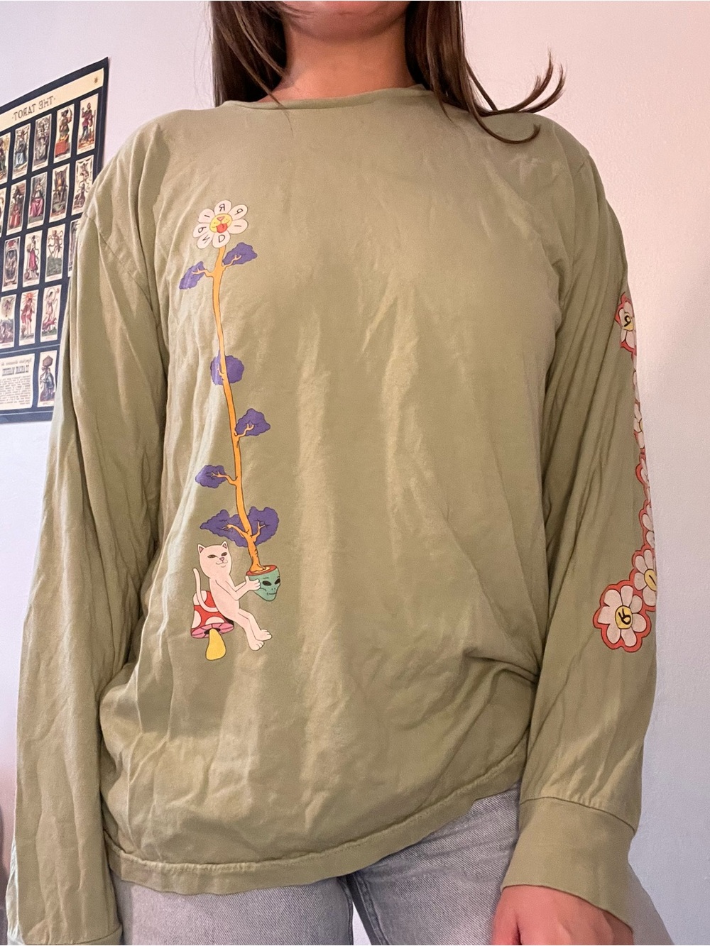 Ripndip Olive Green Long Sleeve Tee with Flower & Cat Graphics